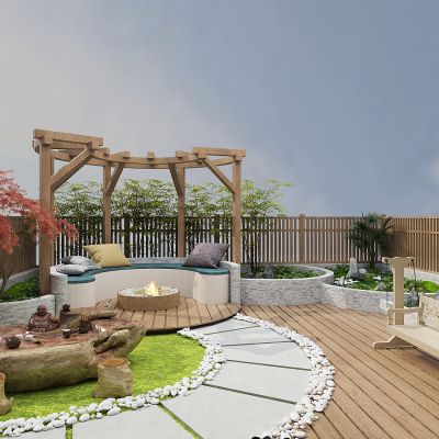 现代别墅屋顶花园，庭院露台景观，园艺景观小品，茶海，休闲台，秋千，花坛