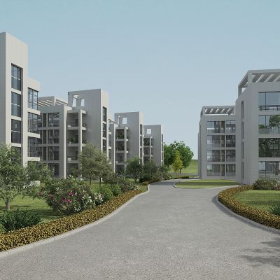 现代小区楼盘景观，房屋建筑，草地，树木，绿化带，植物堆，户外建筑外观