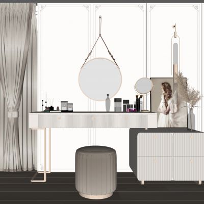 现代轻奢梳妆台|收纳柜|圆凳|镜子|金属壁灯|人物挂画|化妆镜|干花