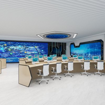 现代城市指挥控制中心，科技监控室，led监控大屏，弧形指挥台，电脑工作台