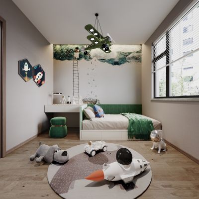现代儿童房,男孩儿房,玩偶,飞机吊灯,方形布面凳,玩具,儿童地毯,3D模型