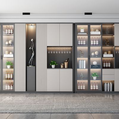 轻奢酒柜书柜、人物雕塑、酒瓶、饰品