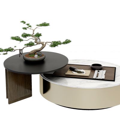 新中式圆形茶几、盆景