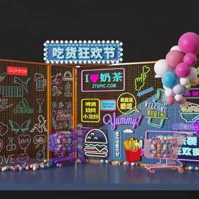 工业风美陈_霓虹灯_装饰灯彩灯气球购物车