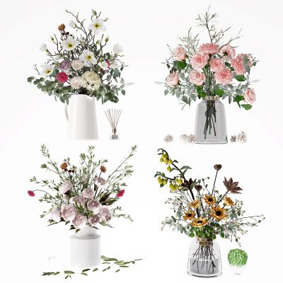 现代玻璃花瓶,花艺,牡丹花3D模型