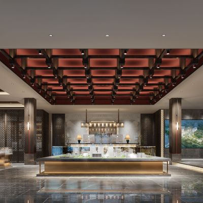 新中式售楼处，售楼大堂沙盘区