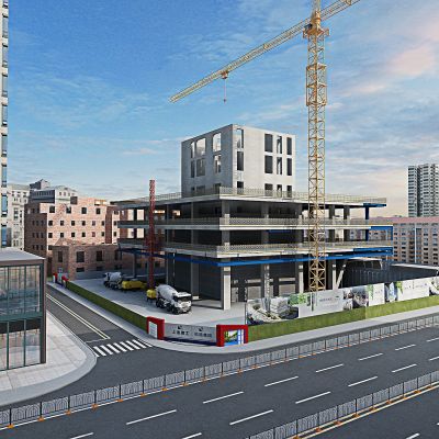 建筑工地、塔吊、搅拌车，楼房
