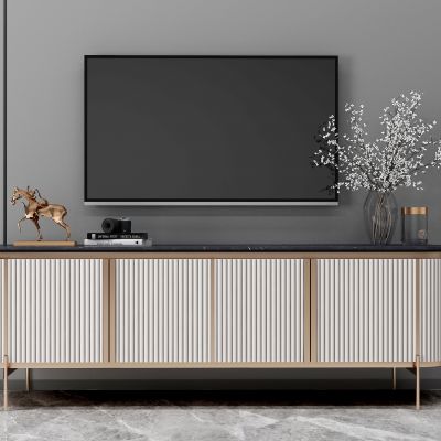 轻奢电视柜、电视、马雕塑、玻璃植物