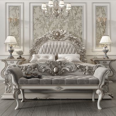 古典雕花双人床床尾凳