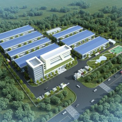 现代工厂厂房办公楼、汽车货车鸟瞰图