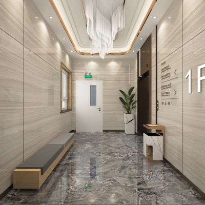 现代办公电梯间,防火门,轻奢吊灯,电梯，长凳垃圾桶 (2)