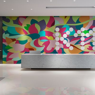 现代办公室前厅接待区服务台，花纹背景墙