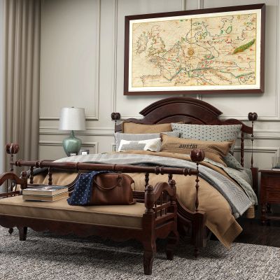 古典实木双人床 床头柜 台灯 脚榻