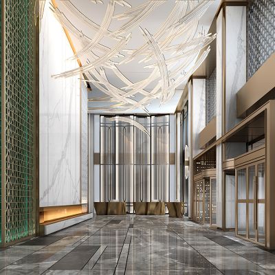 新中式酒店大堂，旋转门大厅