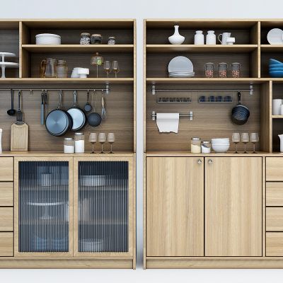 现代厨房柜子、餐具、厨房用具，平底锅，