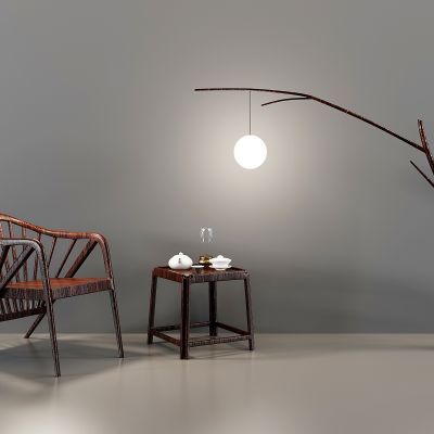 新中式单人椅 边几树杈树枝 落地灯