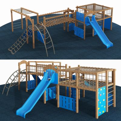现代木质儿童多功能一体滑梯攀爬索道