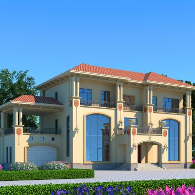 简欧别墅外观，景观植物花丛