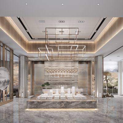 新中式售楼处，沙盘区，大堂