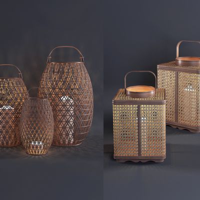 东南亚藤编编织灯笼烛台灯