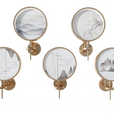 新中式山水画，圆形壁灯