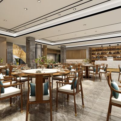 新中式餐饮店、餐桌、楼梯、雕塑、吧台、酒柜