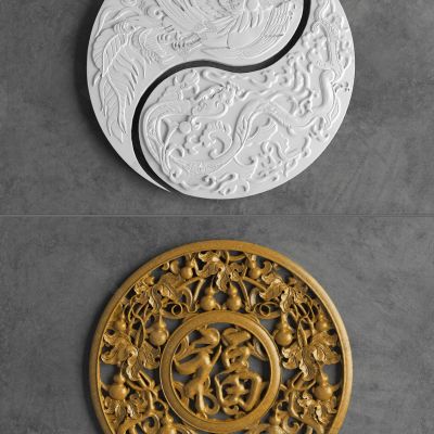 中式圆形福字木雕浮雕_墙饰_挂件