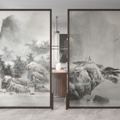 新中式水墨画屏风_隔断