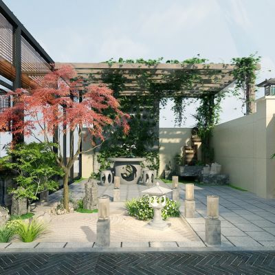 新中式景观庭院，石桌椅，廊架