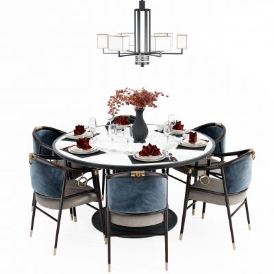 新中式圆形餐桌椅组合 餐具摆件