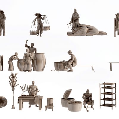 古代商业街铜人雕塑