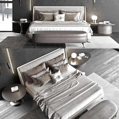 现代双人床 床尾凳 床头柜组合