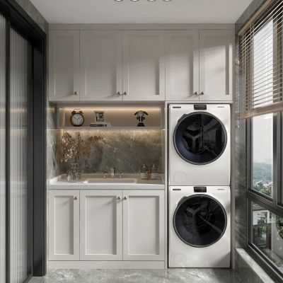 现代阳台 洗衣机 台盆 花瓶摆件