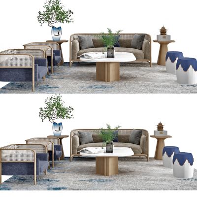 新中式藤编沙发茶几组合