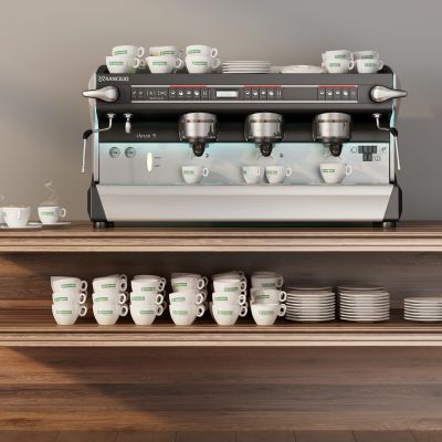 现代咖啡机，咖啡杯，餐盘