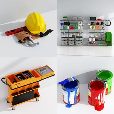 现代扳手螺丝刀工具推车，油漆桶，工具