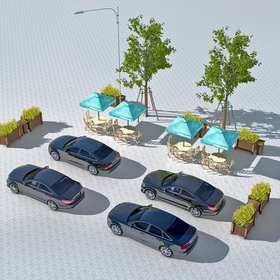 现代景观树池,户外遮阳伞汽车