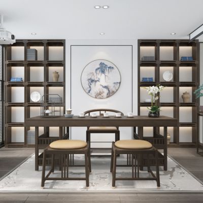 新中式茶室书房，茶桌椅，书柜，花架，蝴蝶兰