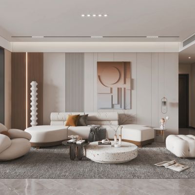 现代侘寂奶油风客厅餐厅，沙发，餐