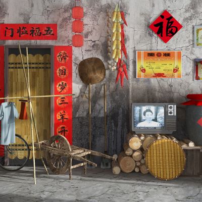 乡村复古电视机推车，衣架农具组合