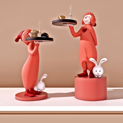 现代儿童托盘子小女孩雕像，雕塑摆件