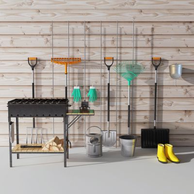 现代烧烤炉，水桶，铁铲工具组合