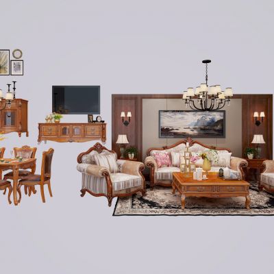 古典雕花沙发，餐桌椅，电视柜组合