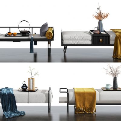 新中式布艺床尾脚踏，茶具，饰品摆件