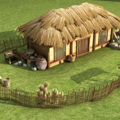 中式房子茅草屋，农场农家院，木栅栏，灶台水井，水桶