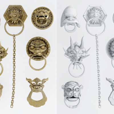 中式铜制狮子头龙头门把手