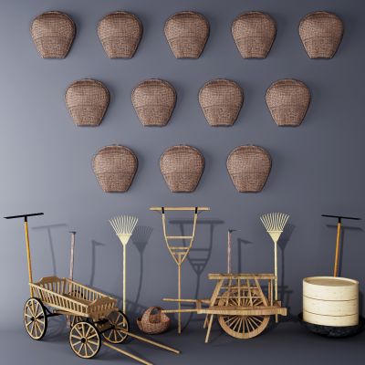 新中式农村，实木推车，簸箕农具组合
