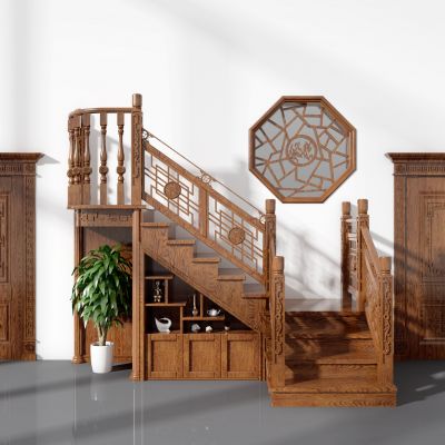 中式实木雕花楼梯栏杆花窗，木门