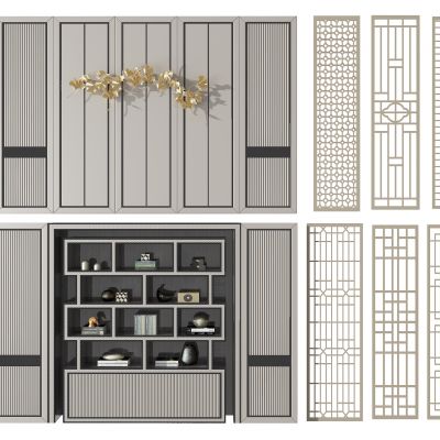 现代背景墙屏风，银杏叶，装饰柜