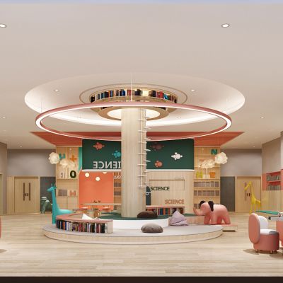 现代风格幼儿园，教室活动区，桌椅